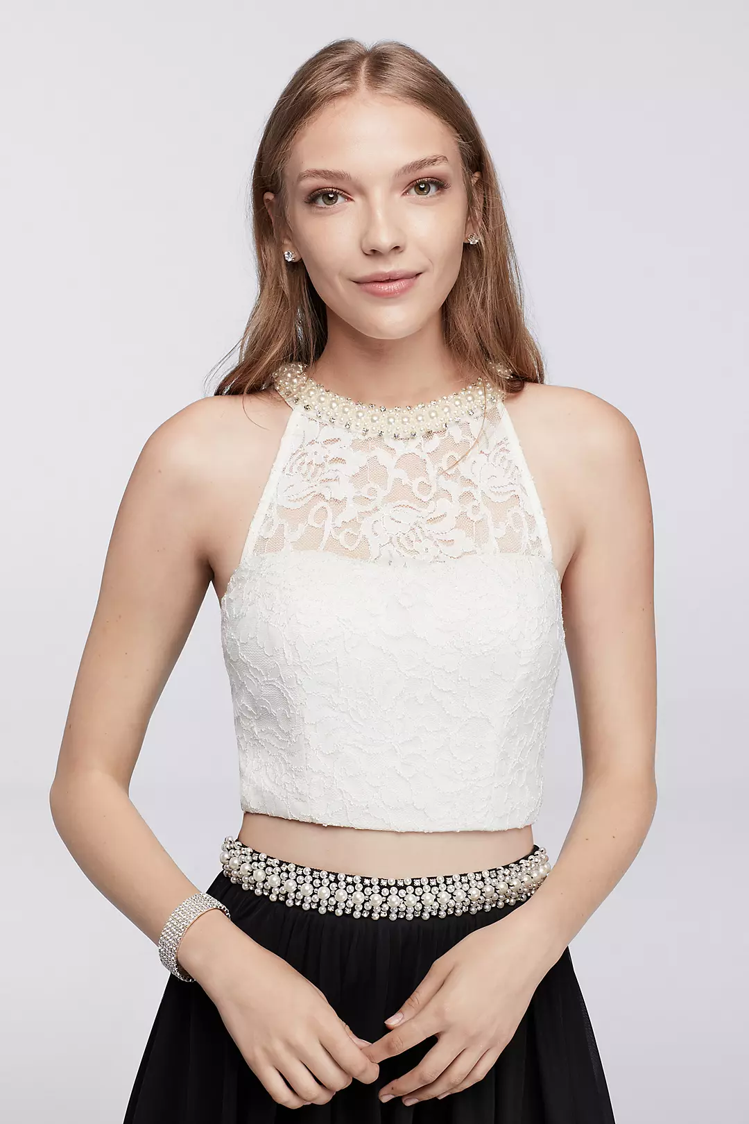 Pearl-Embellished Lace Crop Top and Chiffon Skirt Image 3