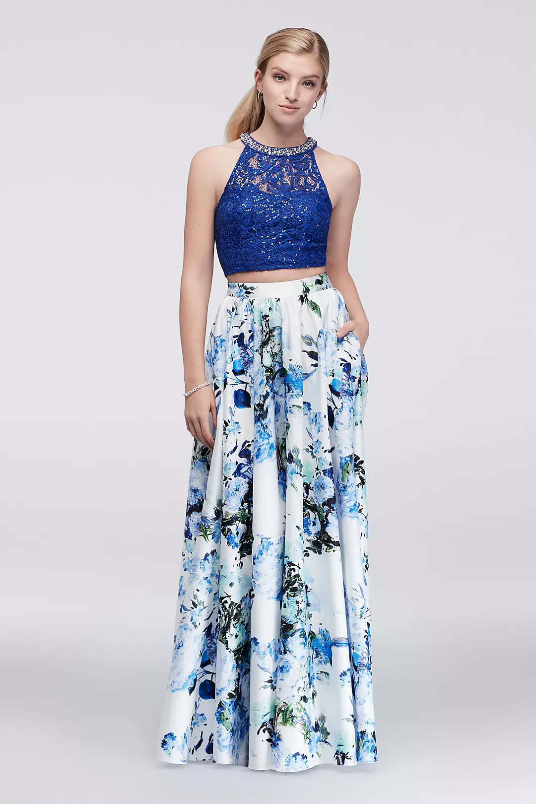 Sequin Lace Top and Floral Skirt Two-Piece Dress Image