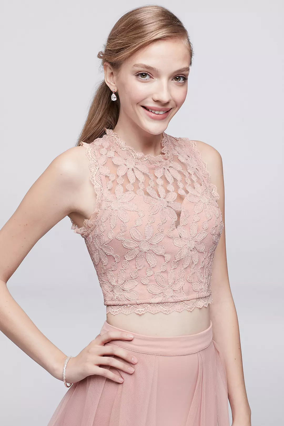 Floral Lace Top and Mesh Skirt Two-Piece Dress Image 3