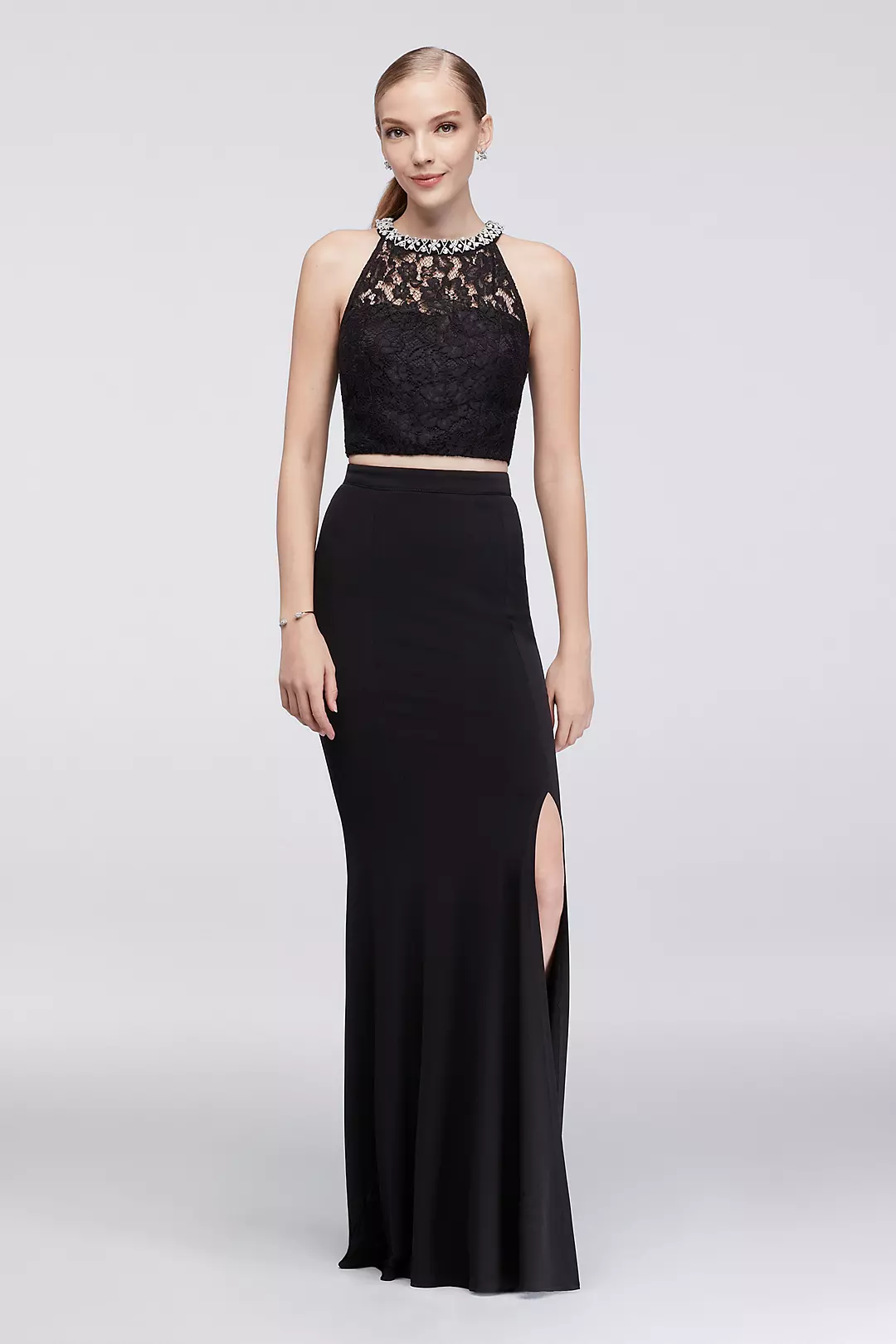 Two-Piece Lace Dress with Crystal Neckline Image