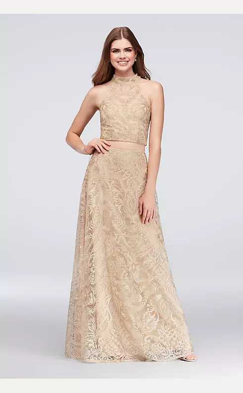High-Neck Embroidered Illusion Two-Piece Dress Image 1