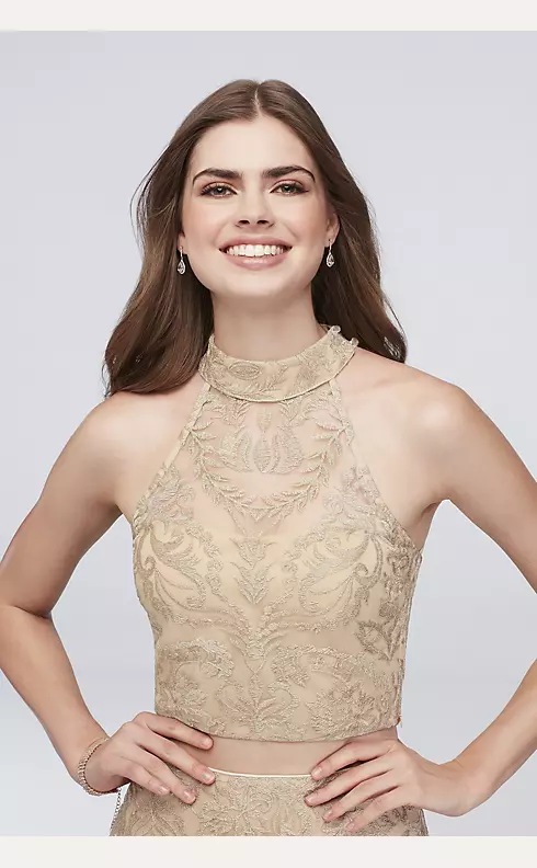 High-Neck Embroidered Illusion Two-Piece Dress Image 3