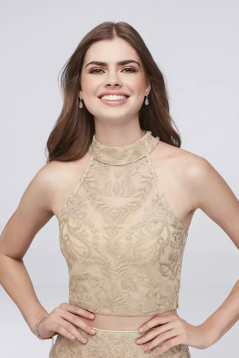 High-Neck Embroidered Illusion Two-Piece Dress Image 3