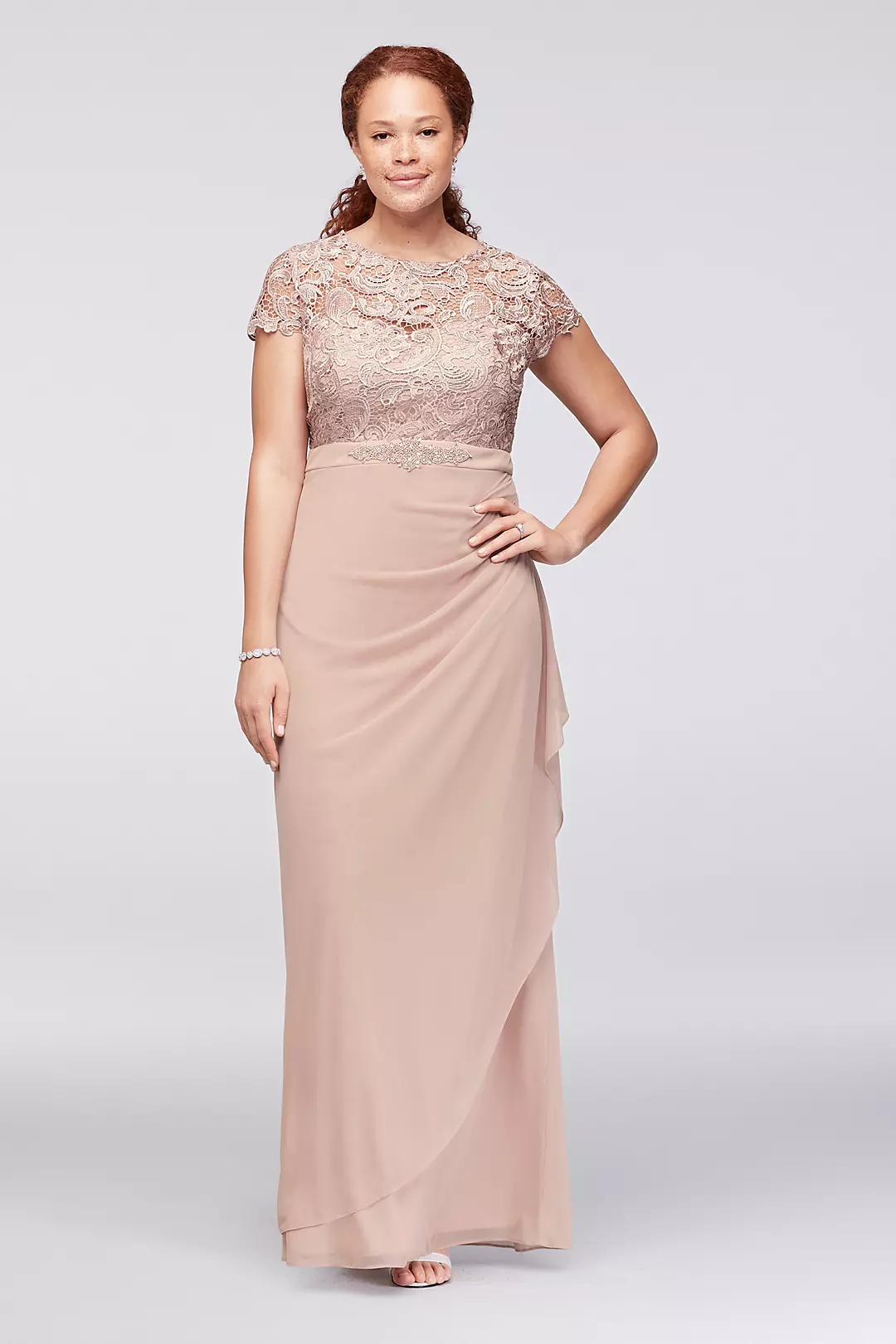 Lace and Ruched Mesh Dress with Beaded Waist Image