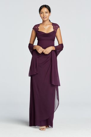 Cap Sleeve Long Jersey Dress with Lace Detail - Davids Bridal