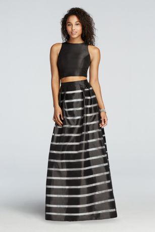 Bateau Crop Tops Long Satin A-Line Skirt 2 Piece Set Black Prom