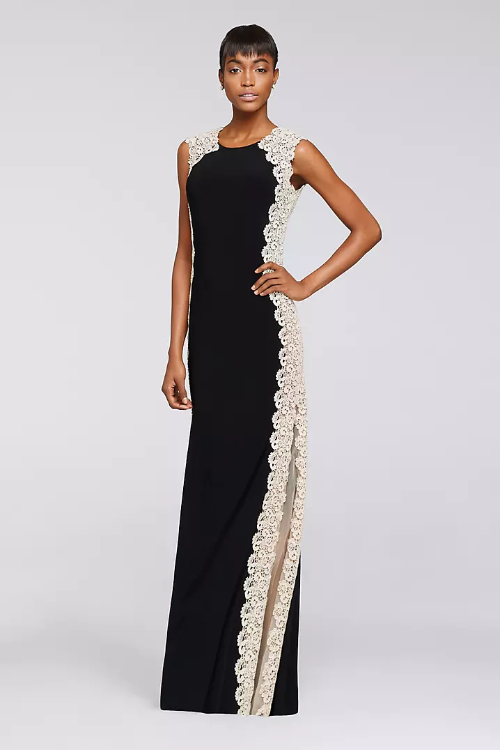 Long Jersey Dress with Glitter Chemical Lace | David's Bridal Long Jersey Dress with Glitter Chemical Lace | David's Bridal