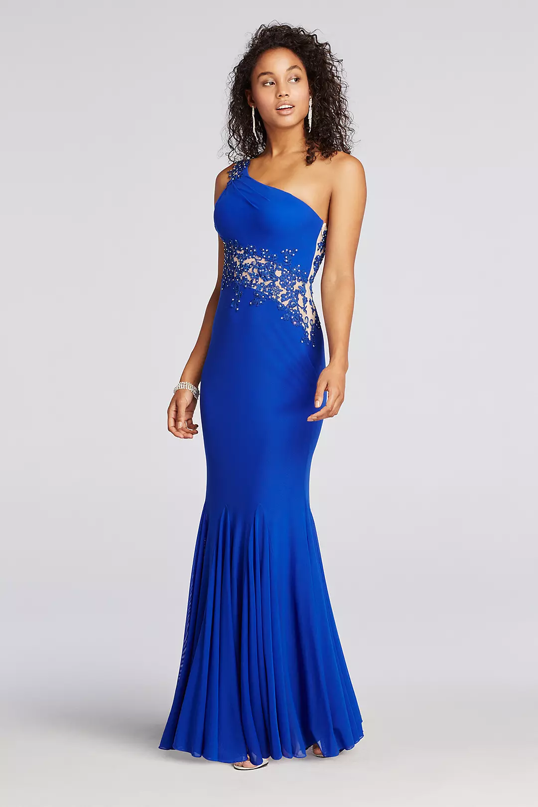 One Shoulder Jersey Beaded Illusion Prom Dress Image