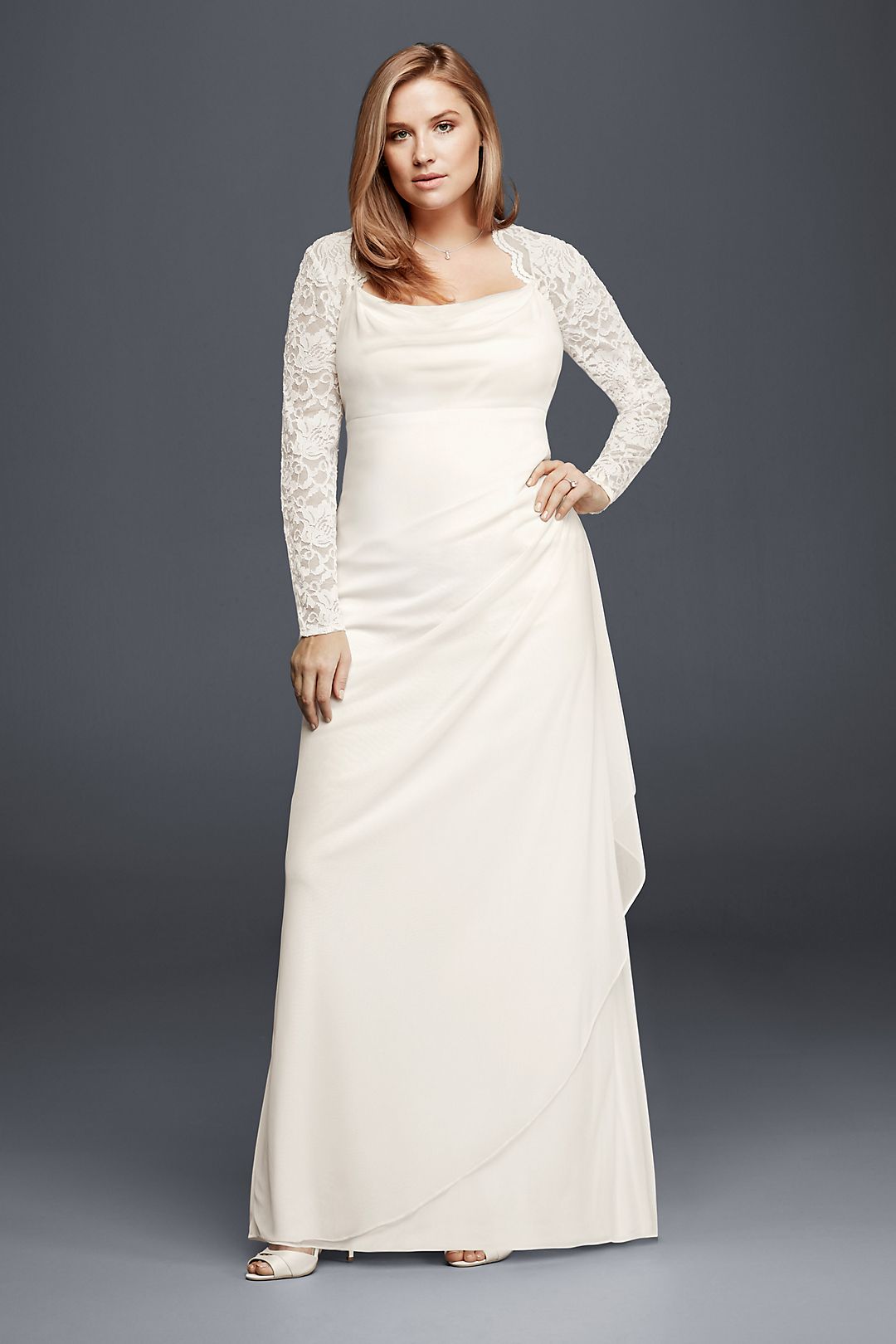 Lace Cap Sleeve Long Mesh Wedding Dress Image 1