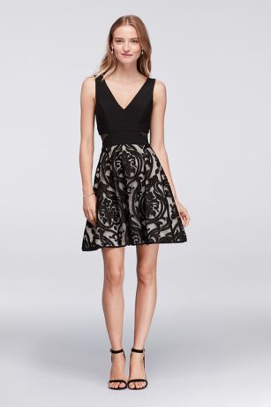 Jersey and Mesh Short Dress with Burnout Skirt | David's Bridal