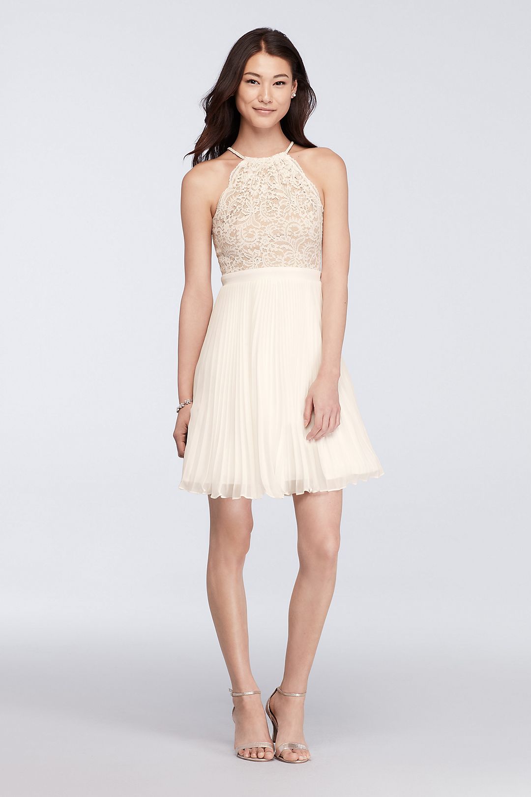 Short Lace Halter Dress with Pleated Skirt Image 1