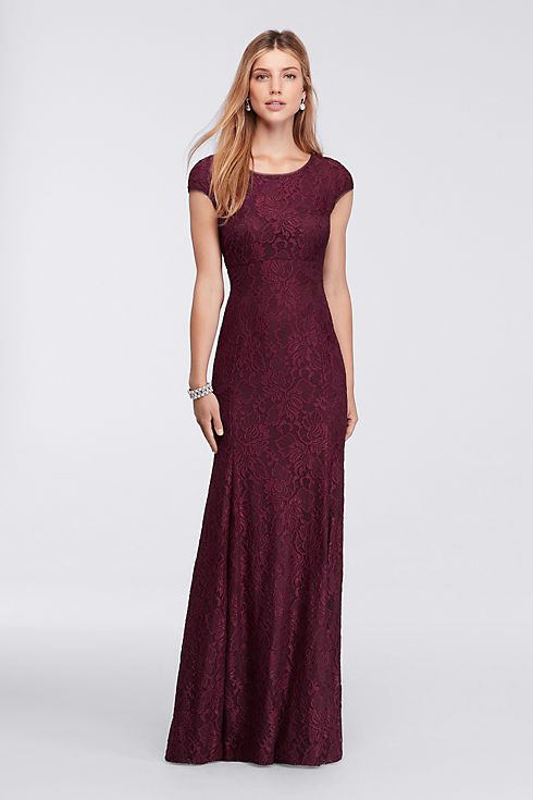 Long Cap-Sleeve Lace Dress with Low Back Image