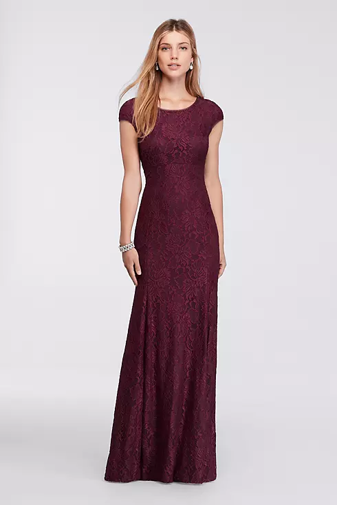 Long Cap-Sleeve Lace Dress with Low Back Image 1