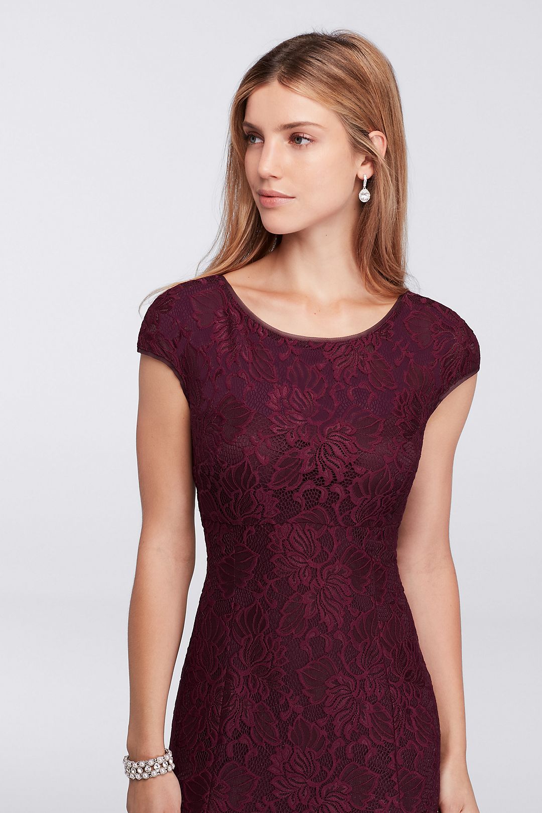 Long Cap-Sleeve Lace Dress with Low Back Image 4