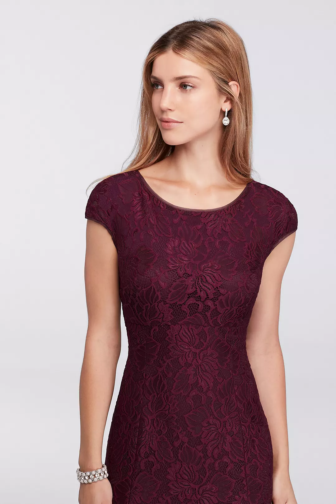 Long Cap-Sleeve Lace Dress with Low Back Image 3
