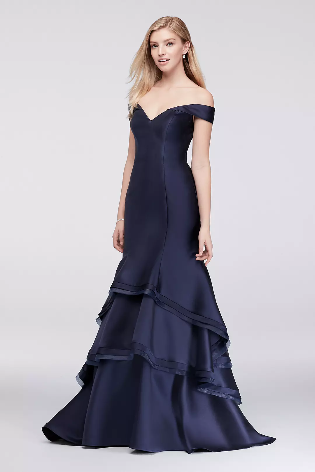 Tiered Off-the-Shoulder Satin Mermaid Dress Image