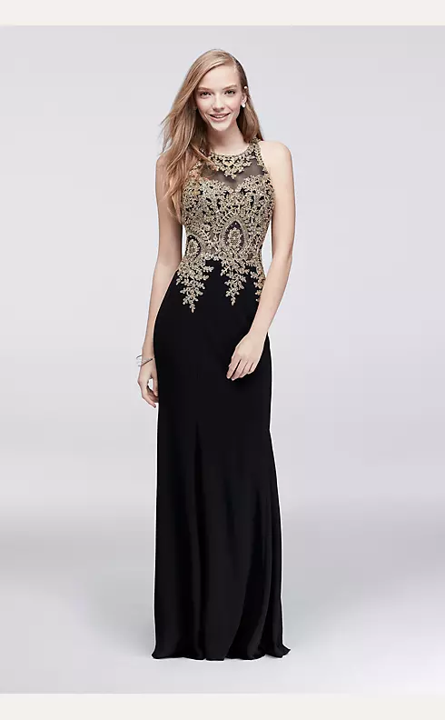 Gold-Embroidered Illusion Column Dress Image 1