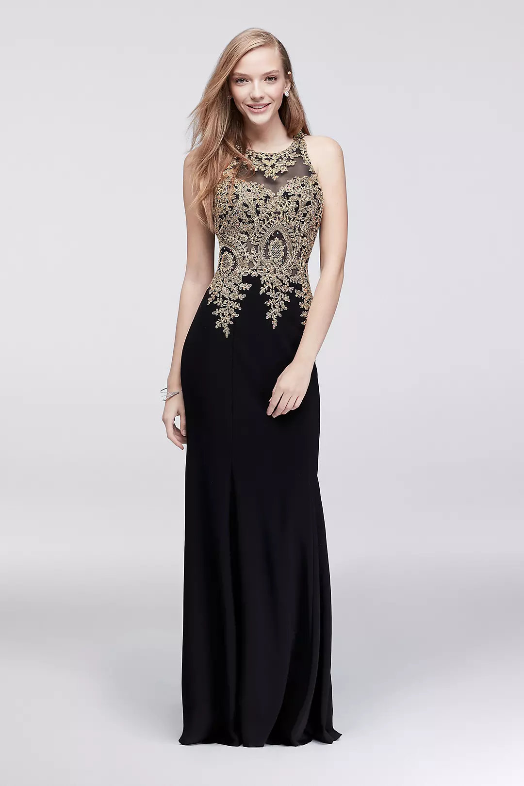 Gold-Embroidered Illusion Column Dress Image