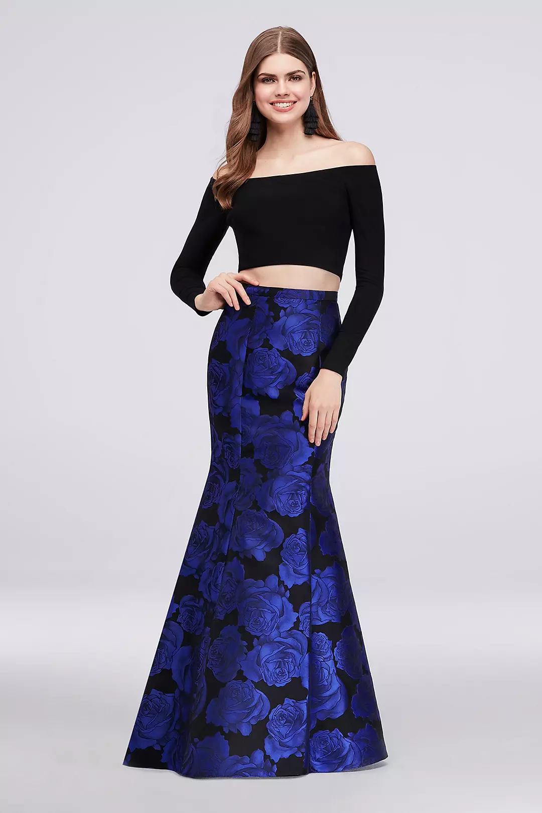 Long-Sleeve Crop Top Jacquard Mermaid Skirt Set Image