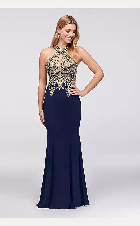 Metallic Lace and Jersey Round Neck Halter Gown Image 1