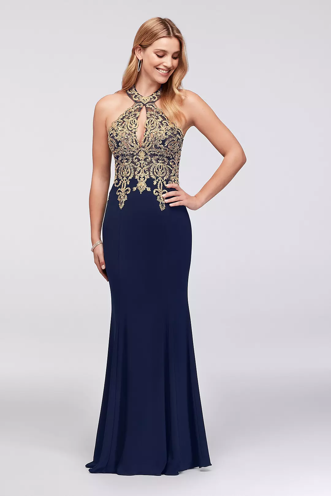 Metallic Lace and Jersey Round Neck Halter Gown Image