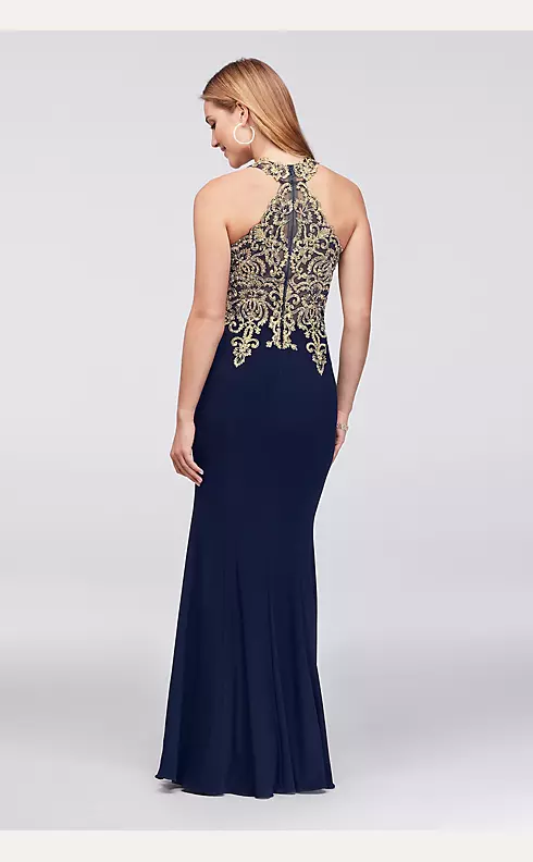 Metallic Lace and Jersey Round Neck Halter Gown Image 2