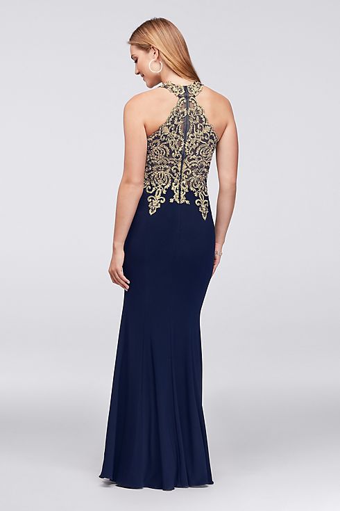 Metallic Lace and Jersey Round Neck Halter Gown Image 2