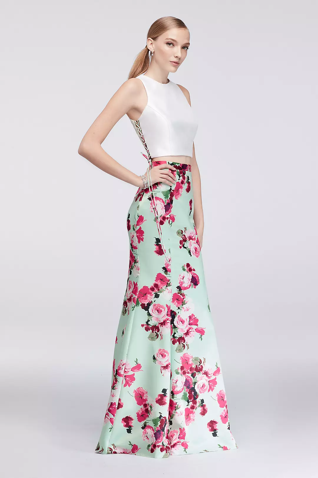 Laced-Side Top and Floral Skirt Two-Piece Dress Image