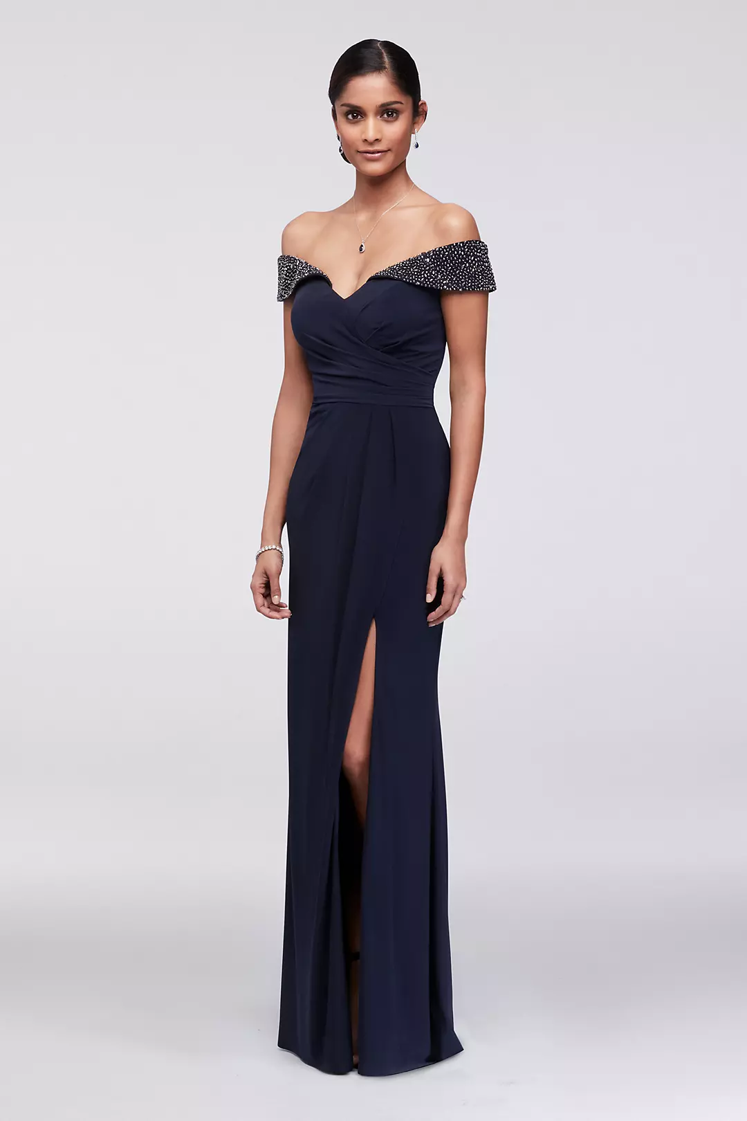 Off-the-Shoulder Ruched Jersey Gown with Beading Image