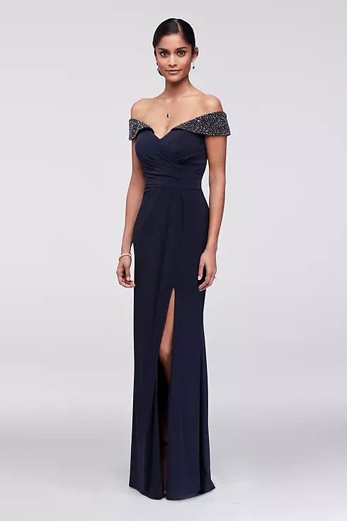 Off-the-Shoulder Ruched Jersey Gown with Beading Image 1