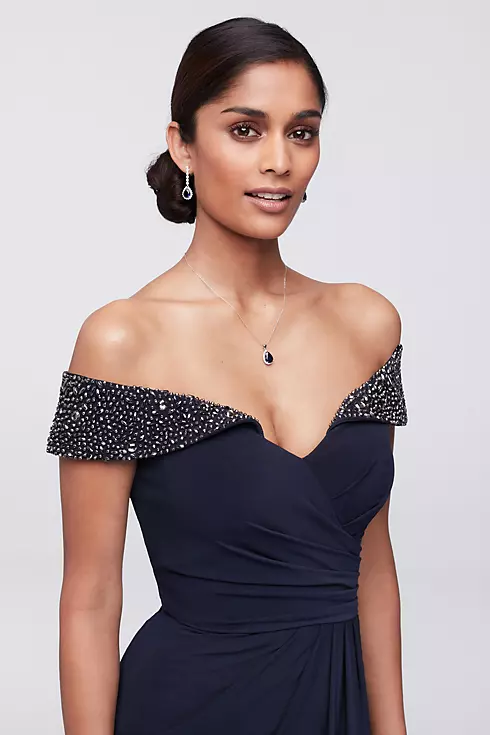 Off-the-Shoulder Ruched Jersey Gown with Beading Image 3