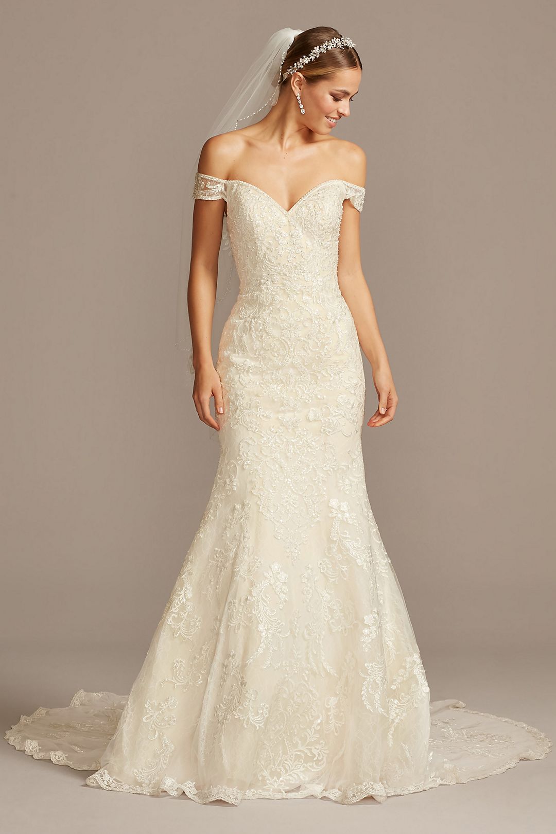 Beaded Lace Long Sleeve Off Shoulder Wedding Dress Image 4