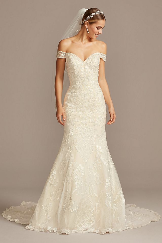 Beaded Lace Long Sleeve Off Shoulder Wedding Dress Image 1