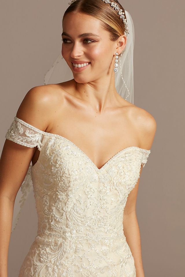 Beaded Lace Long Sleeve Off Shoulder Wedding Dress Image 3