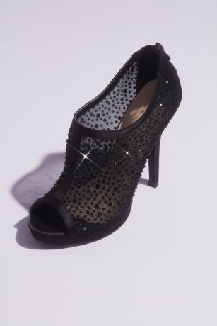 Blossom Black Heeled Sandals (Crystal and Illusion Mesh Open Toe Shootie Sandals)