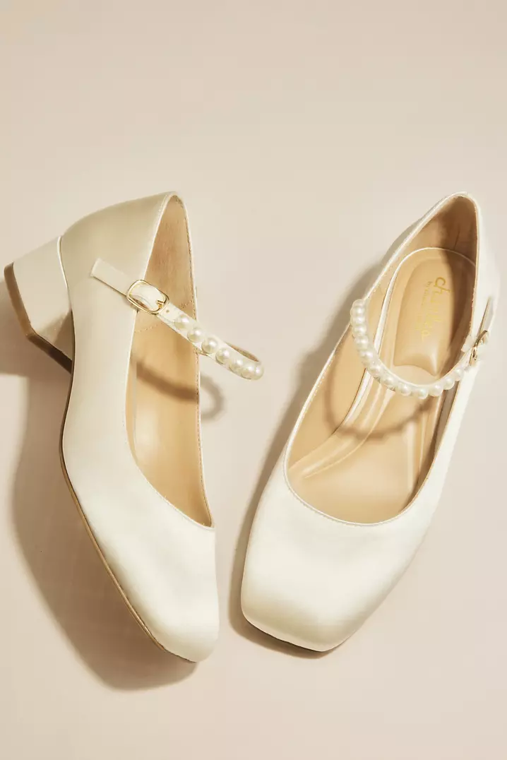 Pearl Strap Satin Mary Jane Block Heels | David's Bridal Pearl Strap Satin Mary Jane Block Heels | David's Bridal