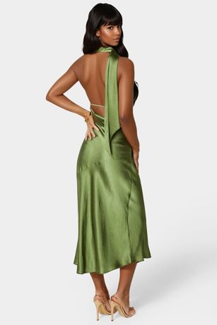 Sash Neck One-Shoulder Satin Midi Dress