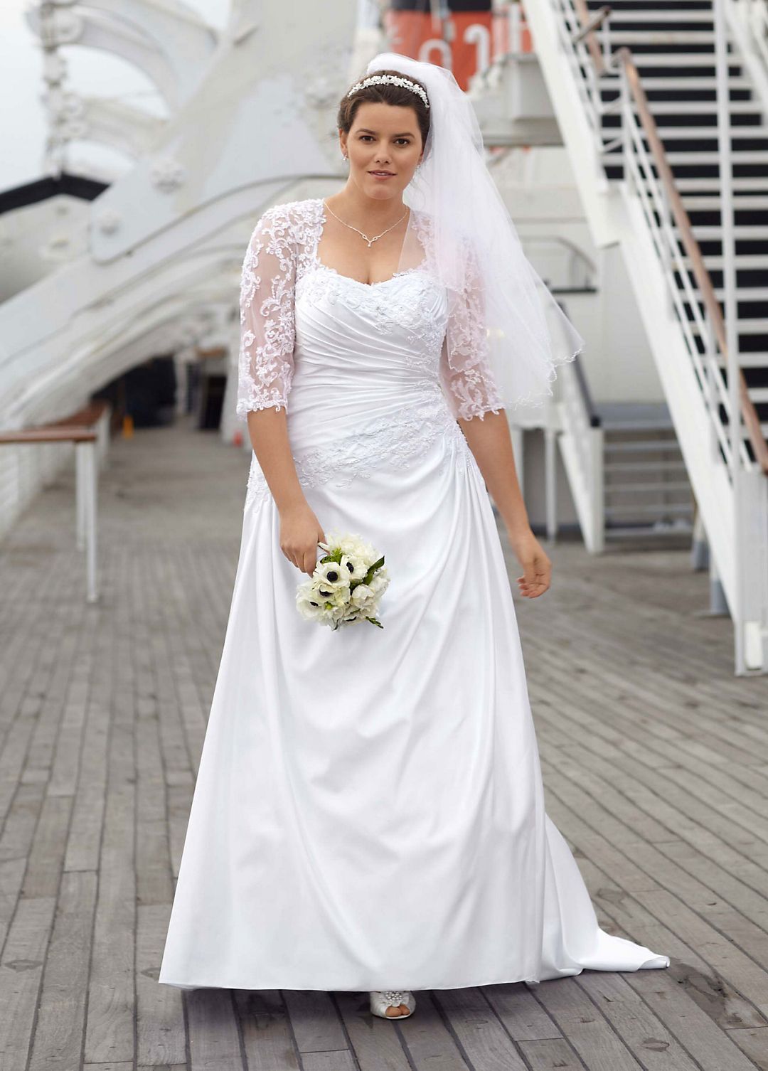 Satin A Line Gown with Beaded Lace Sleeves Image