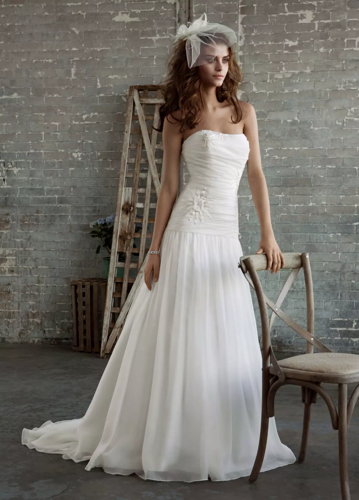 Gossamer Gown with Drop Waist and Floral Appliques Image