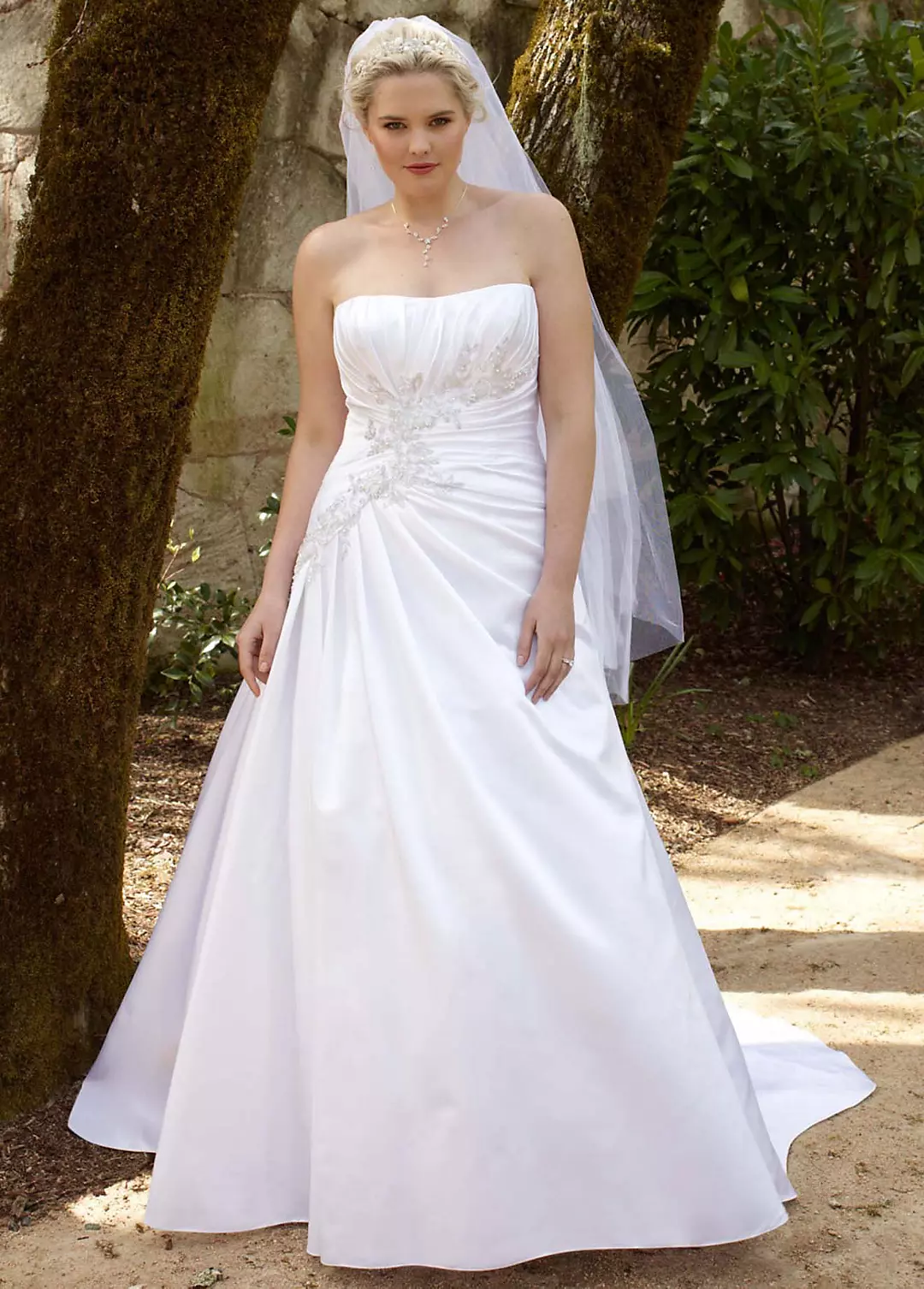 Satin Side Draped Gown with Beaded Lace Appliques Image