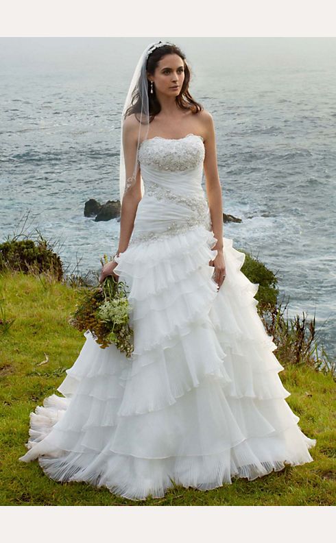 Pleated Wedding Dress with Tiers and Lace-Up Back
