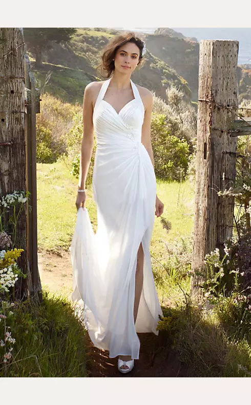 Chiffon Halter Wedding Dress with High Slit | David's Bridal