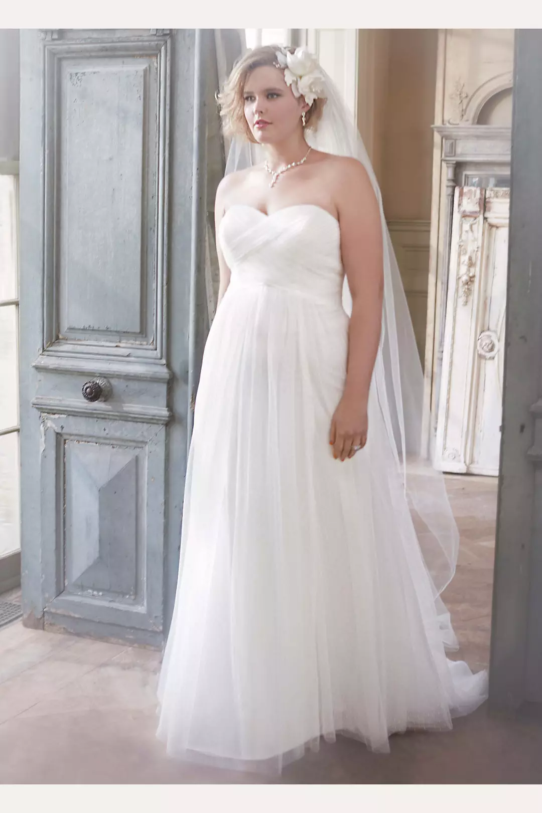 Dot Tulle Empire Waist Soft Wedding Gown Image