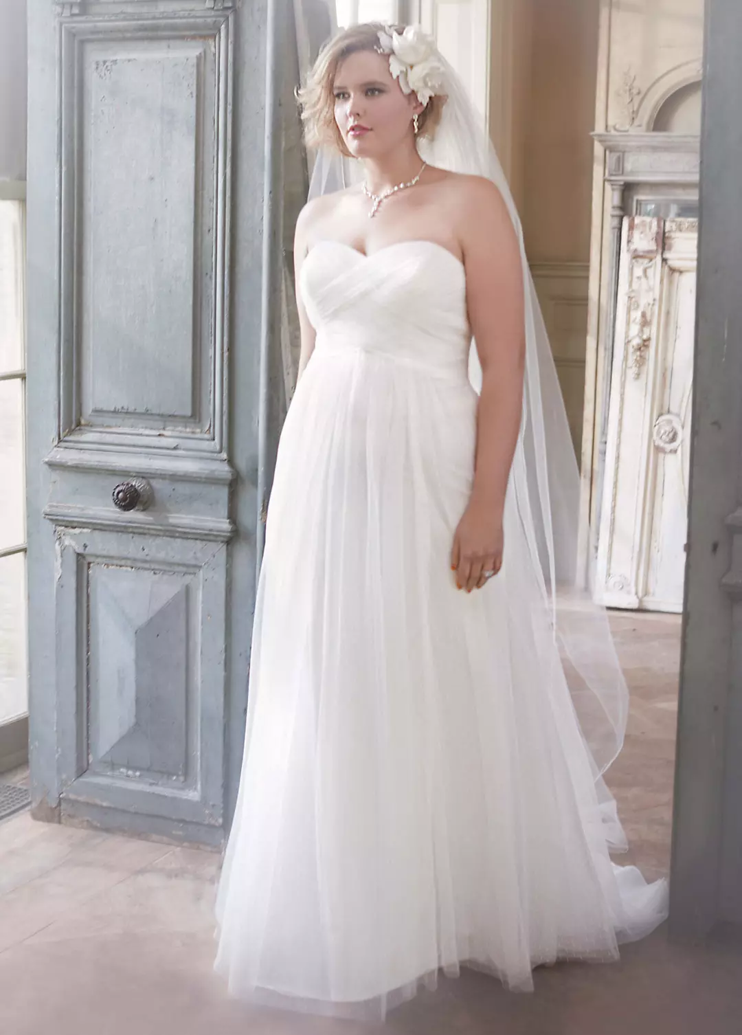 Dot Tulle Empire Waist Soft Wedding Gown Image