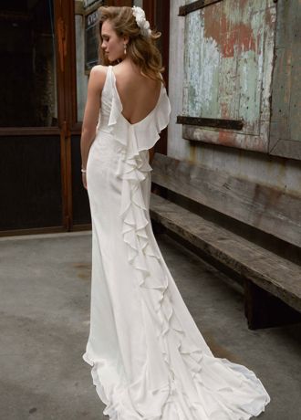 Chiffon Wedding Gown with Ruffle Detail and Lace | David's Bridal