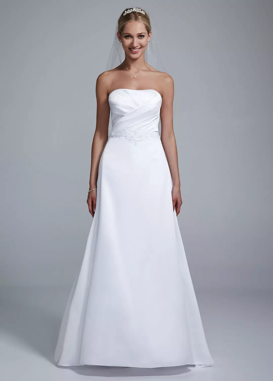 Strapless Satin Beaded Gown with Pleated Bodice Image