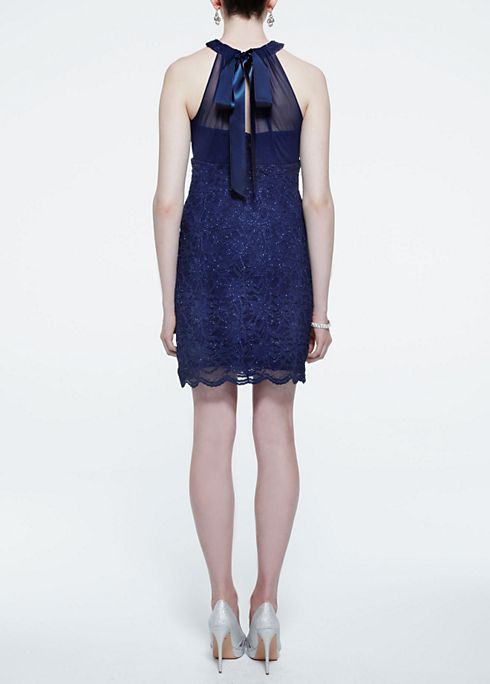Illusion Halter Glitter Lace Dress with Ribbon Tie Image 2