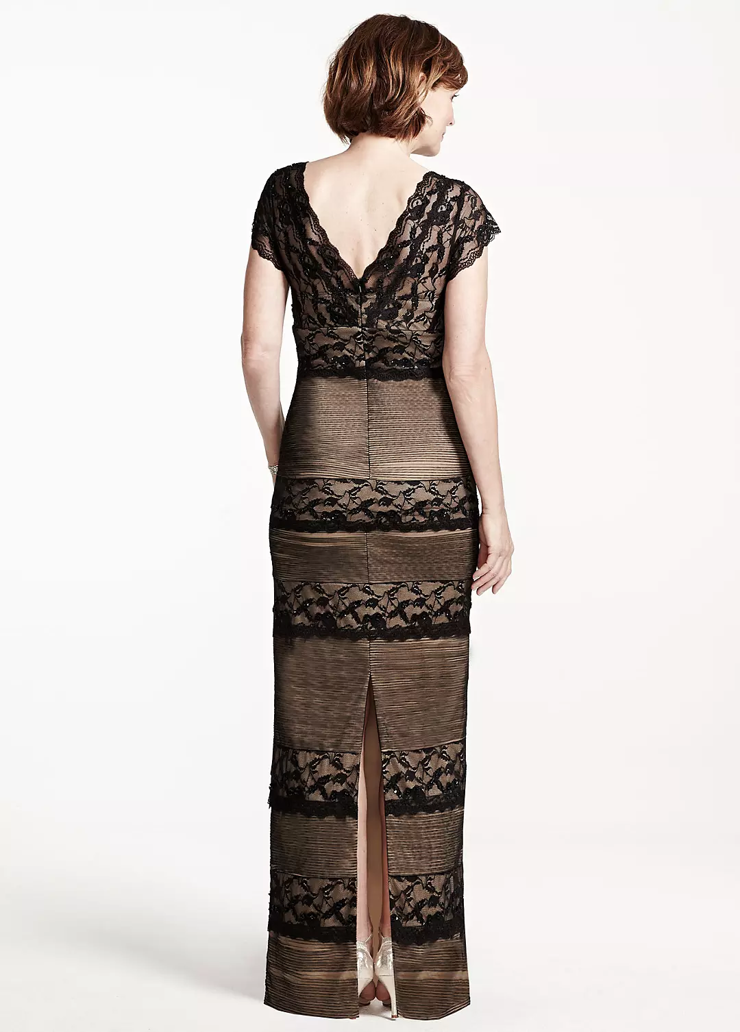 Long Beaded Stretch Lace Dress with Cap Sleeves Image 2