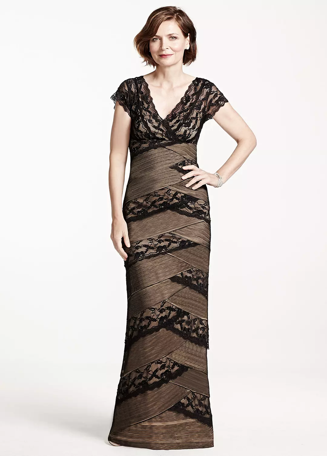 Long Beaded Stretch Lace Dress with Cap Sleeves Image