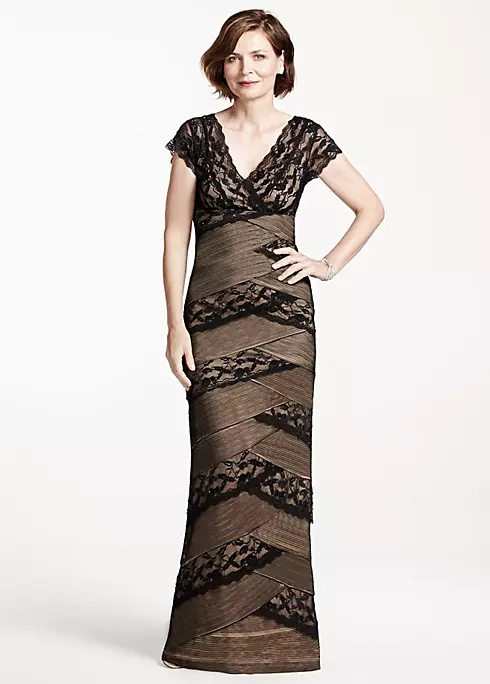 Long Beaded Stretch Lace Dress with Cap Sleeves Image 1
